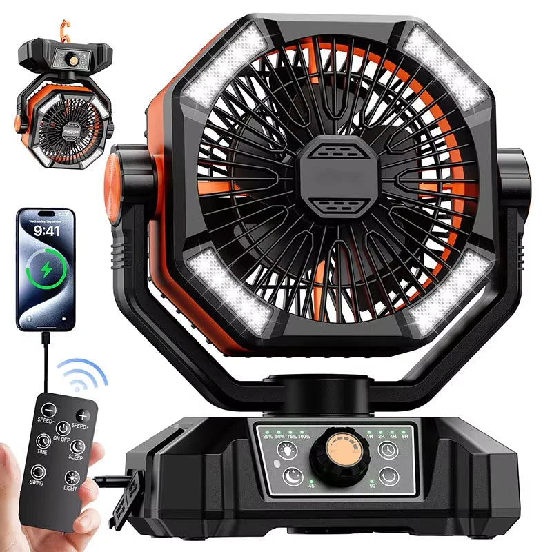 20000mAh Rechargeable Camping Fan – Portable Outdoor Fan with LED Light & Remote, 8 Speeds