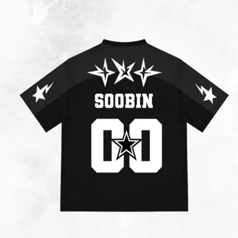 Bandai TXT Jersey Style T-shirt, Black Star Printed Streetwear, Neutral Casual Short Sleeved T-shirt Suitable for K-pop Fans