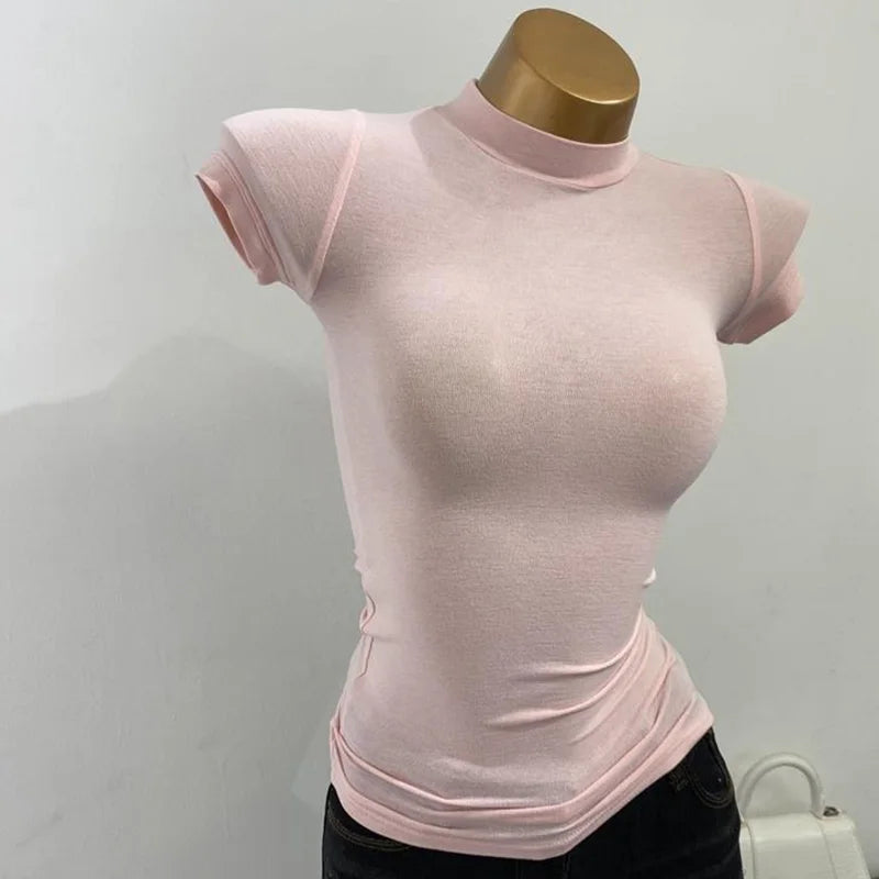 Women's Mock-Neck Sheer Tee — Slim Stretch Short-Sleeve Layering Top