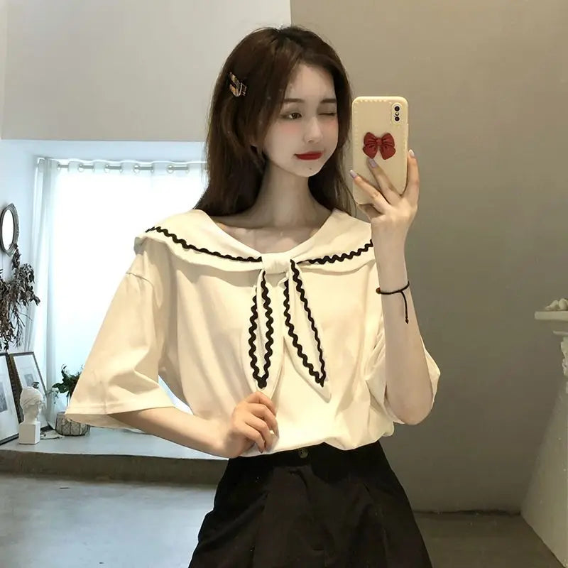 Sailor Collar T-shirts Women Baggy Kawaii Clothes Panelled Temper Designer Aesthetics Japanese Stylish Summer Vintage Футболка