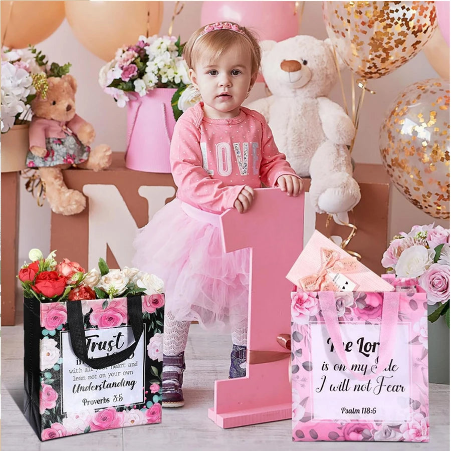 32 Pcs Bible Verse Flower Gift Bag with Handles Religious Reusable Gift Bags Bulk Christian Baptism Tote Bags Non Woven Gift Bag