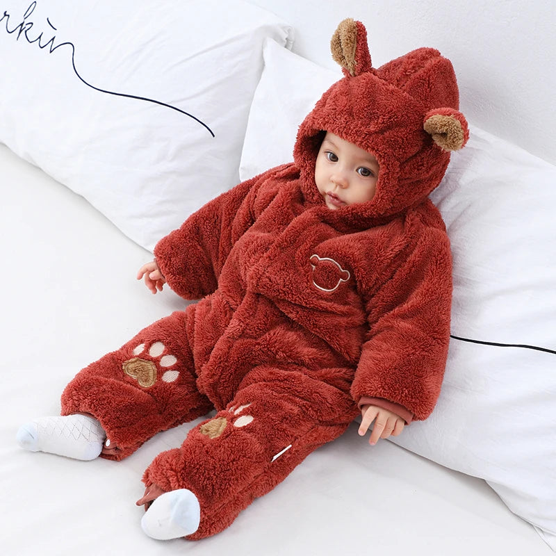 Baby Hooded Romper with Ears - Thick Winter Jumpsuit 0-24 Months - photo 7