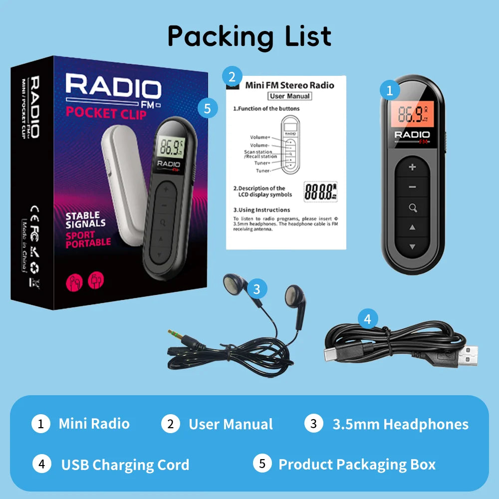 Rechargeable Clip-On FM Radio with Earphones - Mini Portable - photo 6