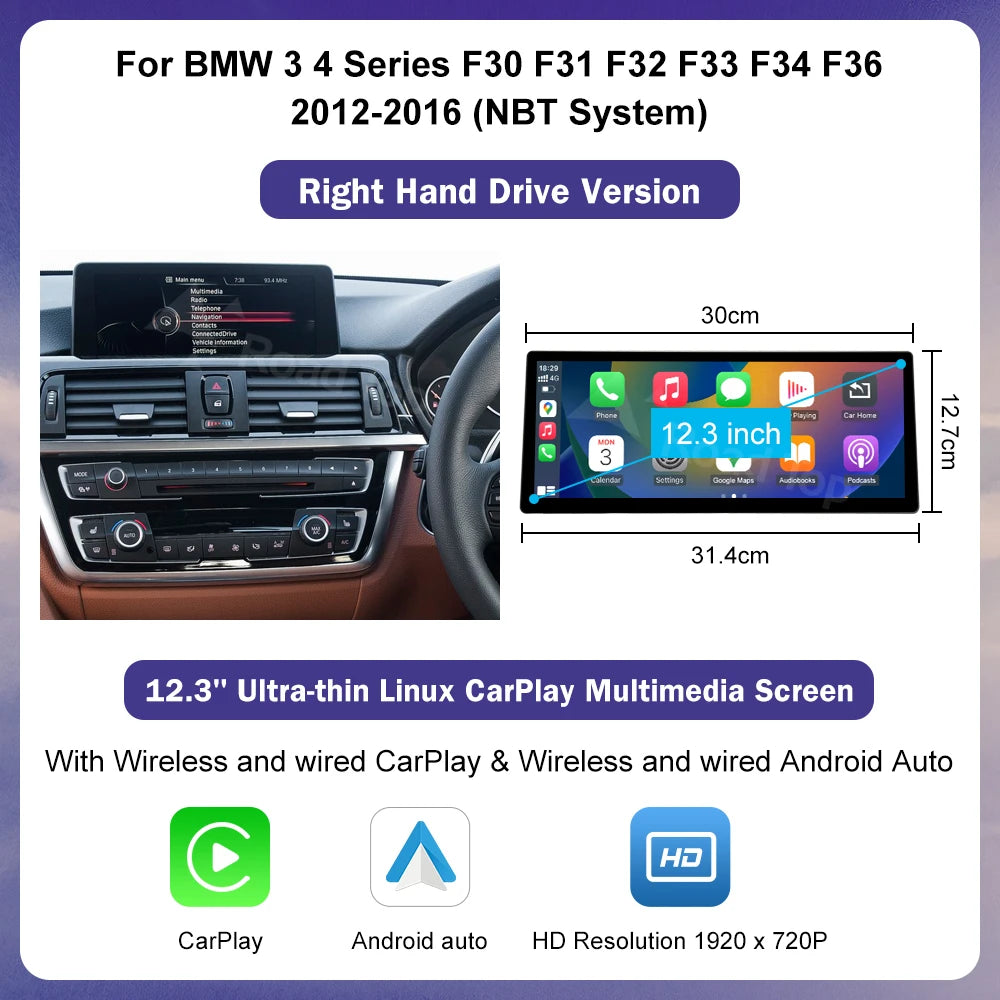 12.3" Ultra-Thin Wireless CarPlay Screen for BMW 1/2/3/4 Series F20 F21 F22 F23 F30 F31 F33 F36 — CIC/NBT/EVO