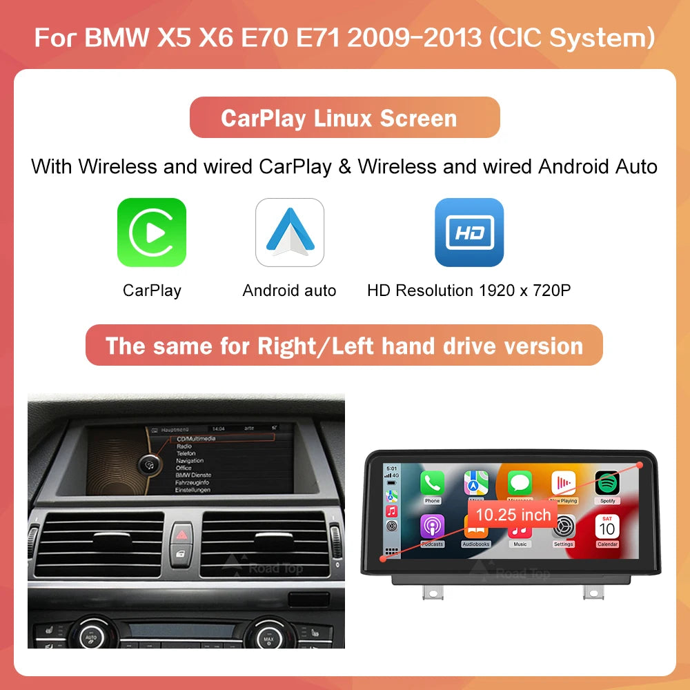 RoadTop 1920*720 Wireless CarPlay Android Auto Car Multimedia Display for BMW X5 X6 E70 E71 2007-2013 CCC CIC Linux Touch Screen
