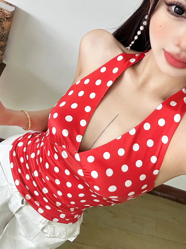 Women's Polka Dot Halter Tank Top – Lace-Up Backless V-Neck Skinny Y2K Streetwear Vest