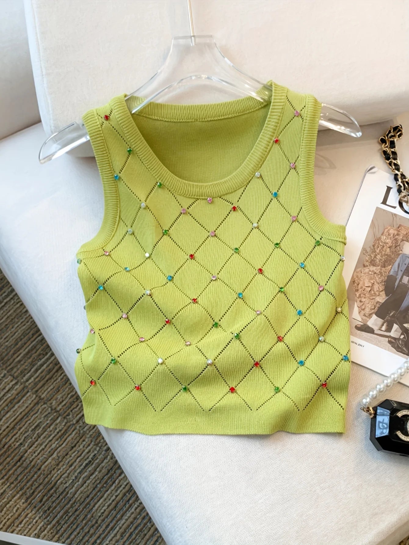 Colorful Rhinestone Knitted Tank Top Casual Crew Neck Sleeveless Tank Top For Summer Women's Clothing Crop Top Camis