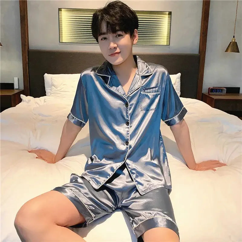 Women's & Men's Satin Pajama Set - Short Sleeve, Solid Colour