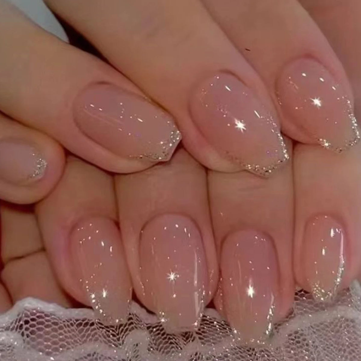 24PCS Pink Glitter French Press-On Nails Short Almond False Nails Glitter Full Cover Gloss Reusable Nails for Women