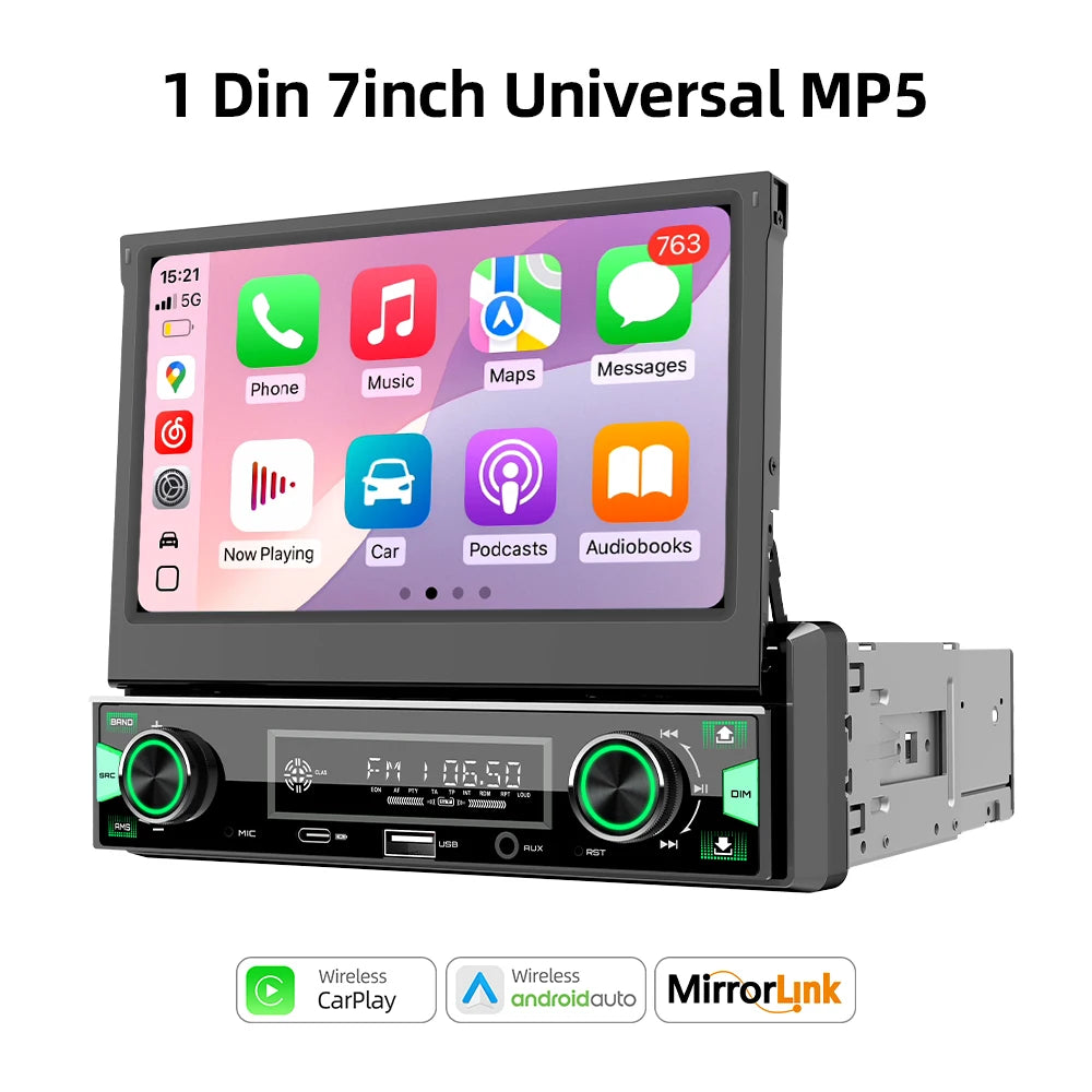 1DIN 7Inch MP5 Car Radio Player FM AM RDS Automatic Retractable IPS Touch Screen Wireless CarPlay Android Auto Car Stereo GPS