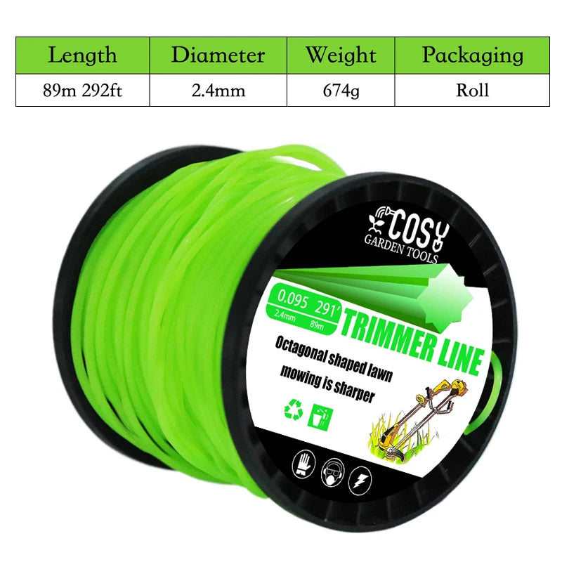 TSES 59m~130m Green String Trimmer Line Roll Durable Octagonal Shape Nylon Weed Whacker Line Strimmer Line Rope