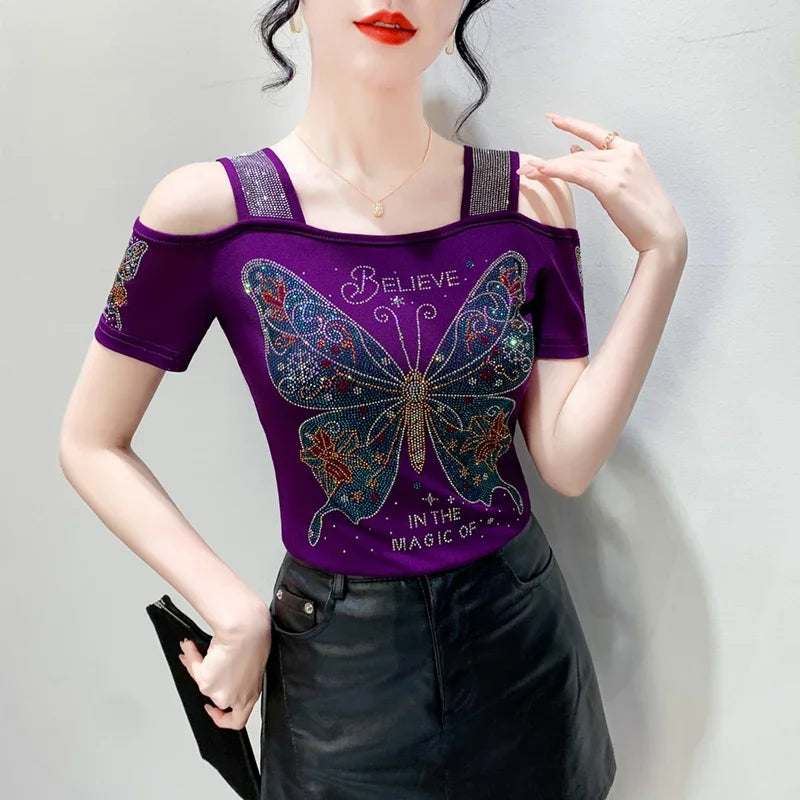 Women's Off-Shoulder Rhinestone Mesh Top