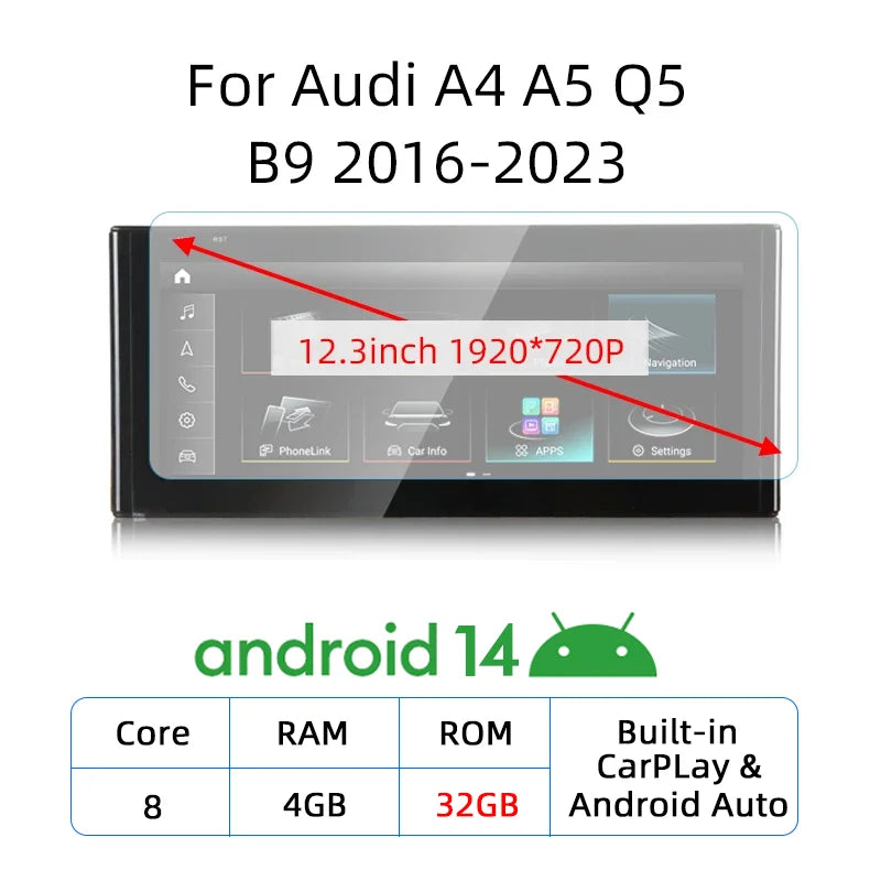 12.3" Car Stereo with Apple CarPlay & Android Auto, Compatible with Audi A4 A5 Q5 B9 (2016-2023)