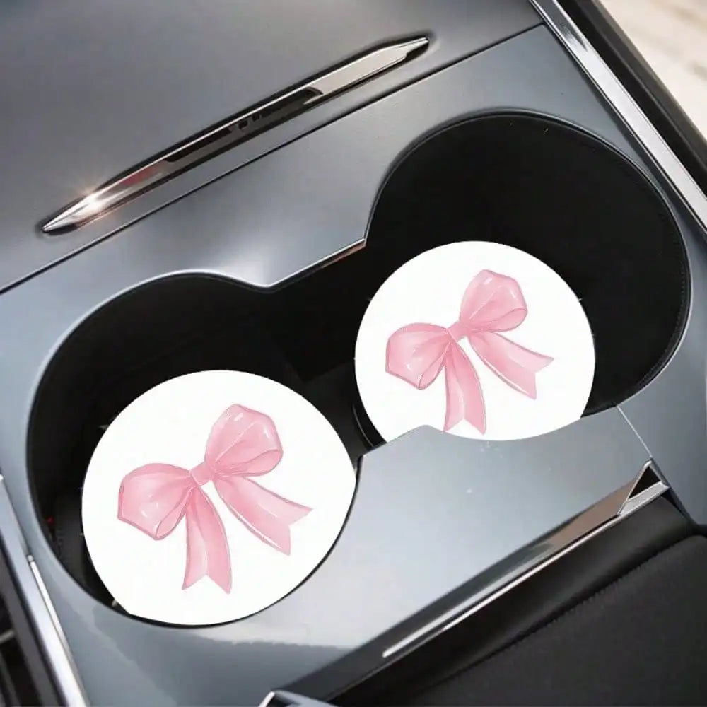 2-Pack Non-Slip Pink Bow Print Car Cup Holder Coasters, Universal Fit Interior Accessories