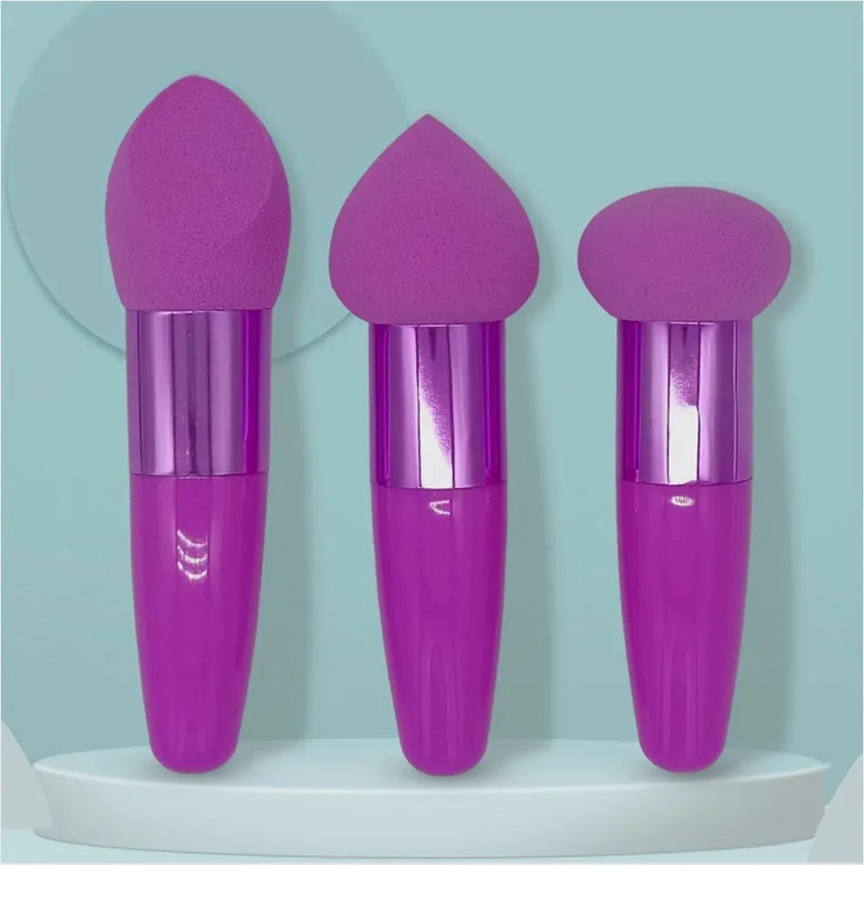 3-Piece Makeup Sponge Set with Handles - 3 Unique Shapes with Plastic Handles for Flawless Foundation, Blending, and Detailing,
