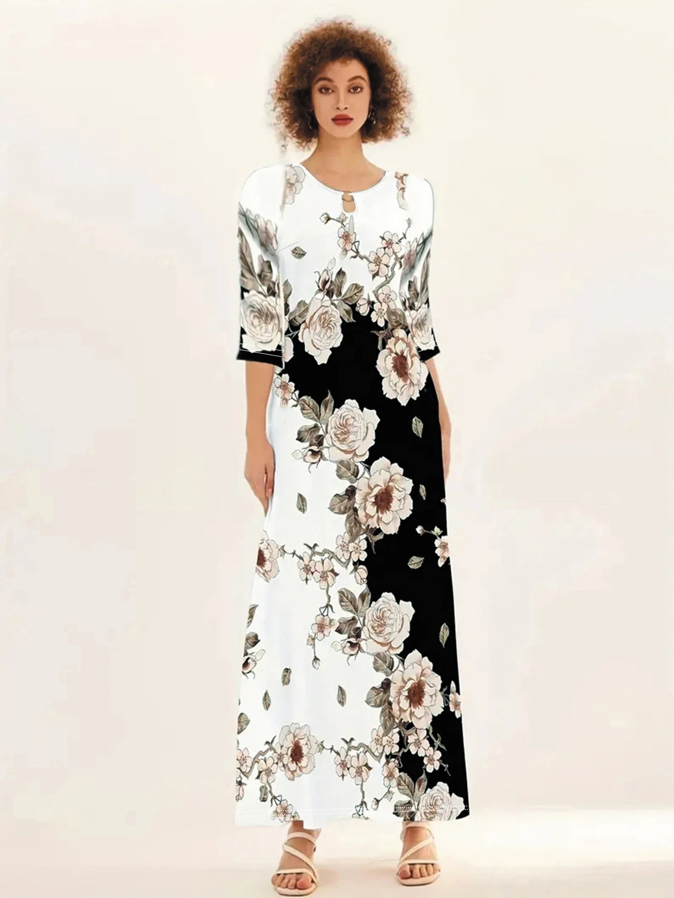 Women's Casual Dress, Plus Size Print Half Sleeve Round Neck Maxi Dress With Pockets
