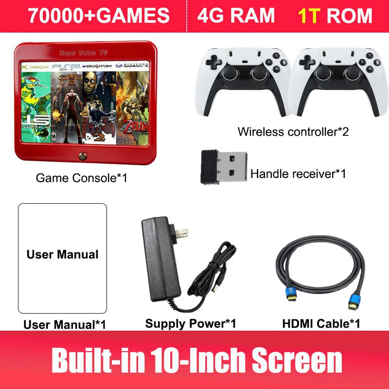 T1 Portable Game Console — 10-inch HD Screen, 60+ Emulators, Dual-System, Wireless Controller