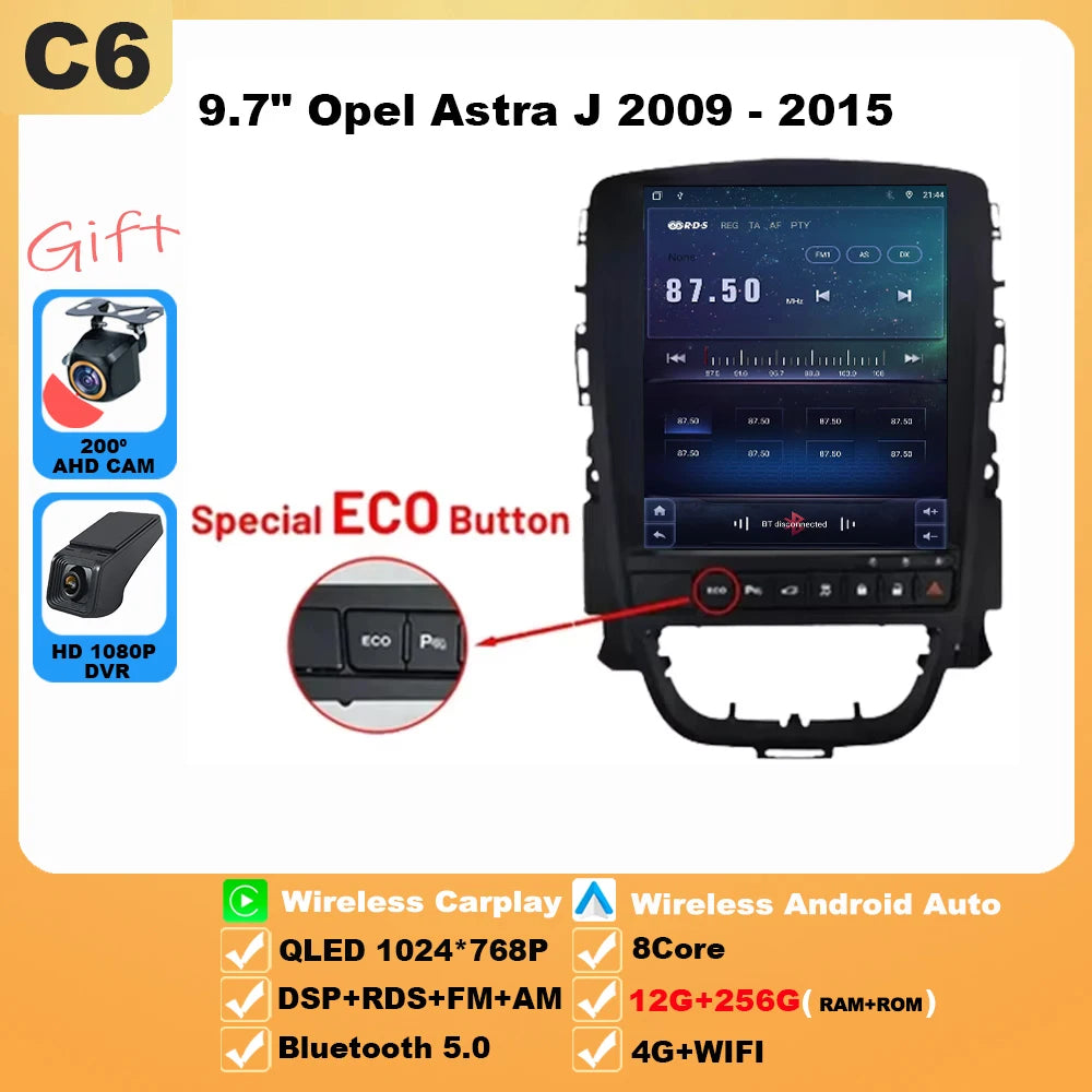 9.7 inch For Opel Astra J 2009-2015 Android 16 Car Radio Multimedia Video Player GPS Tesla Model wireless android Auto WIFI 4G
