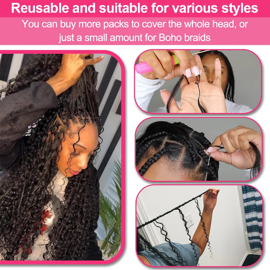 Deep Wave Crochet Human Hair Bundles Boho Braid Hair 100% Remy Pre-Separated Feather Invisible Crochet Hair Extensions For Women