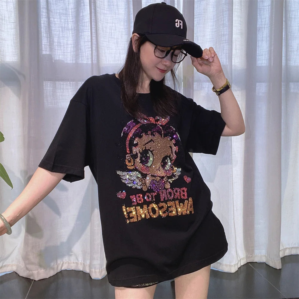 Plus Size Cartoon Girl Pattern Diamonds Short Sleeve Tees for Women Summer Clothing Thin Casual Loose O Neck T Shirt Knitwear