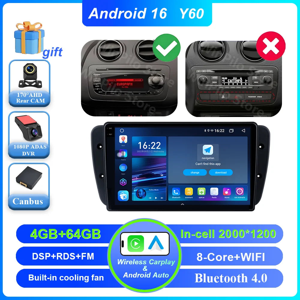9" Android Car Stereo for Seat Ibiza MK4 6J (2008–2015) — CarPlay, Android Auto, GPS, 4G, WiFi