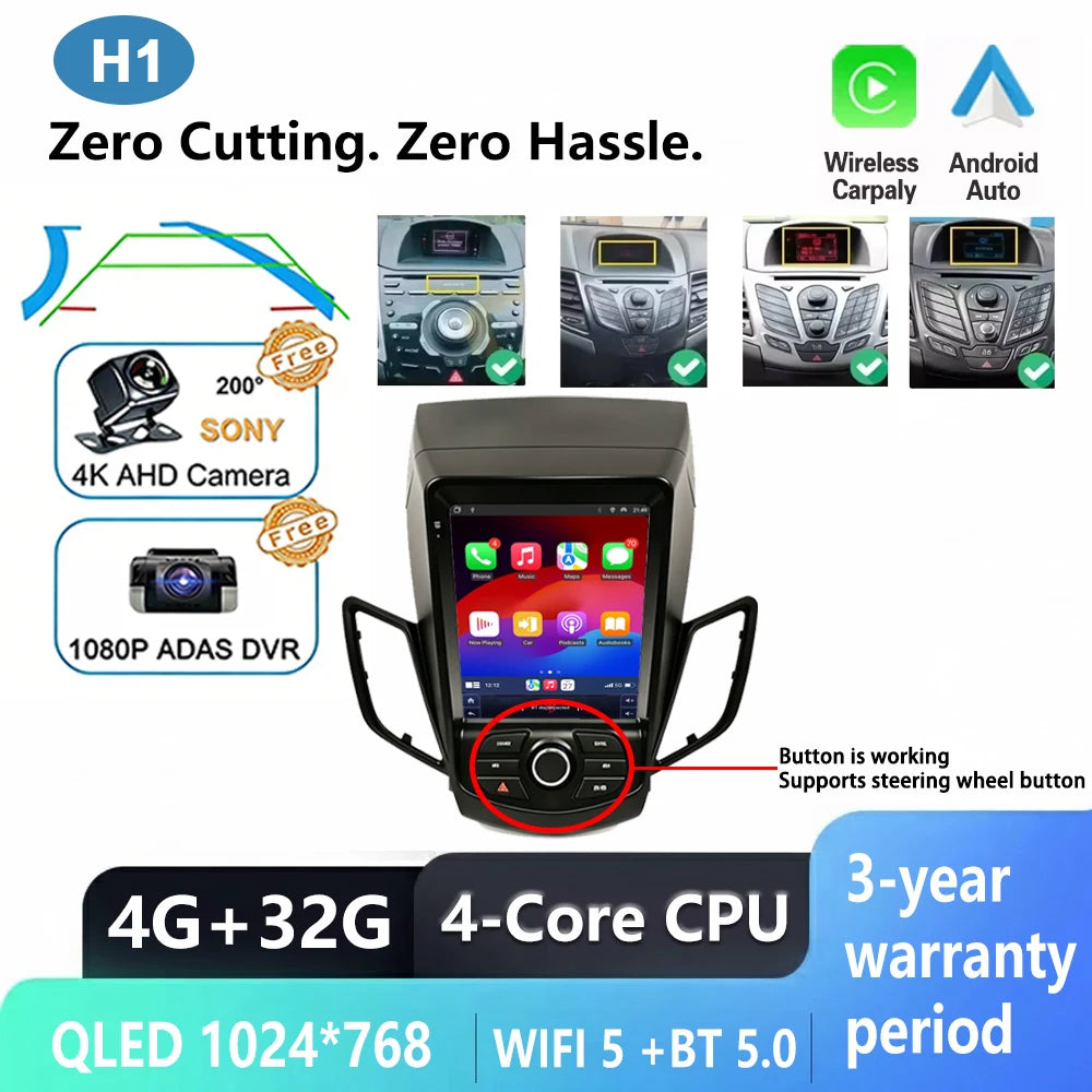 9.7" Car Stereo with Apple CarPlay & Android Auto, Compatible with Ford Fiesta MK6 & MK7