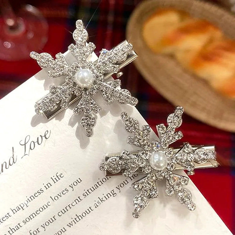 2PCs New Winter Hair Accessories Shiny Rhinestones Pearls Snowflake Hairpin Elegant Lovely Christmas Hair Clips for Women