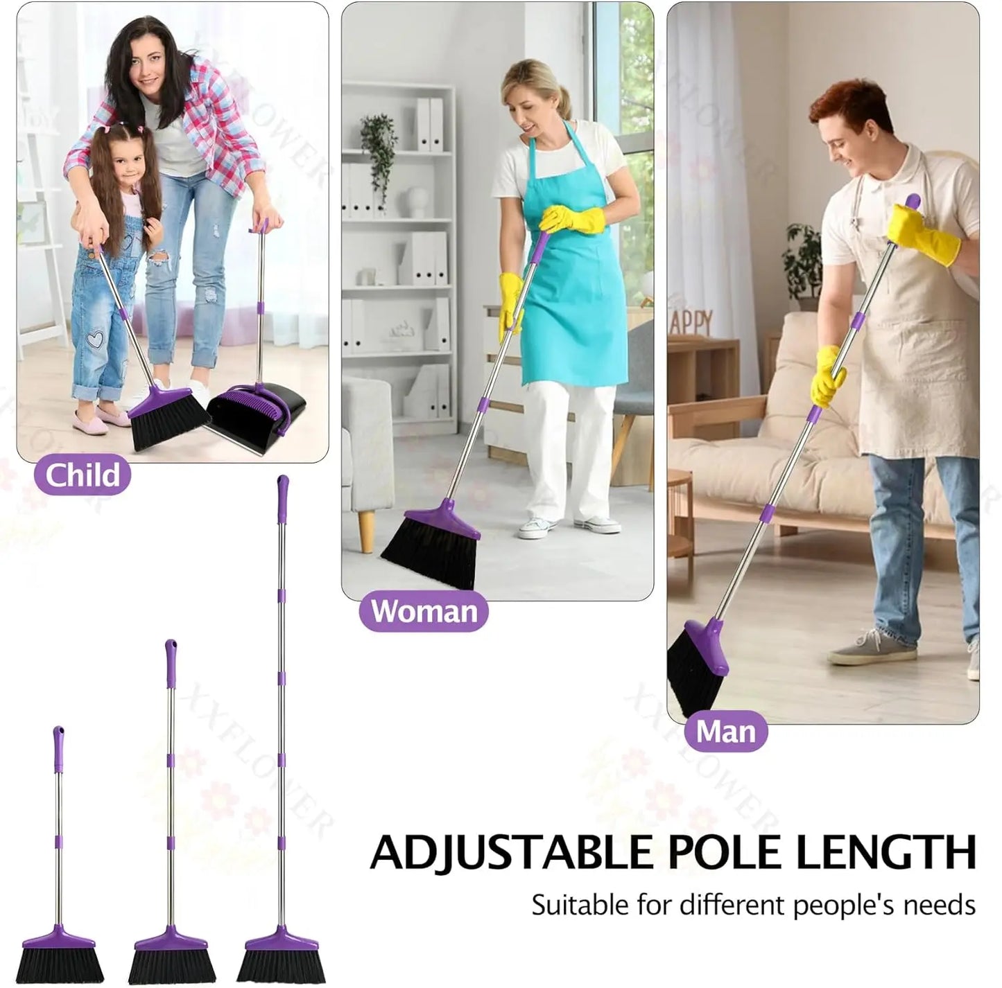 Long Handle Broom and Dustpan Set, Lightweight Stainless Steel, Upright Storage for Home Kitchen Office Pet Hair Cleaning