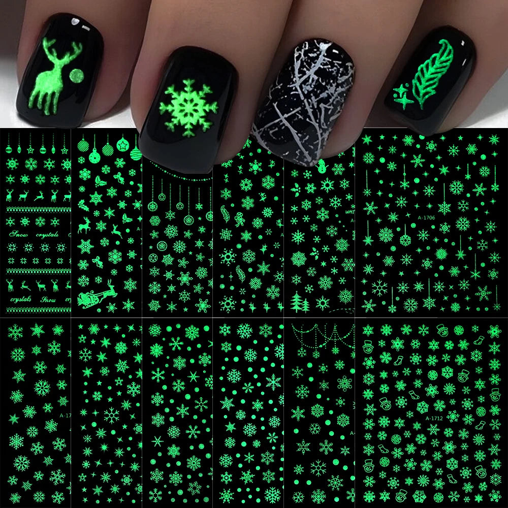 12pcs/set Gold Laser Snowflake Nail Stickers Set 3D Luminous Snowflakes Adhesive Nail Decals Winter Snowman Elk Maniucre Decorat