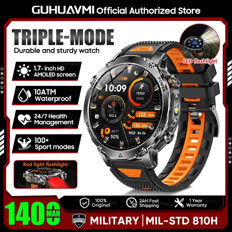 Rugged Outdoor Smart Watch — 1400mAh, 10ATM, Torch & BT Call