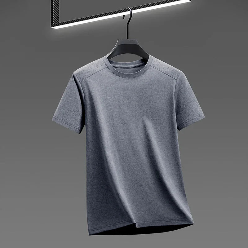 Men's Melange Crew-Neck Tee - Perforated Mesh, Breathable Slim Fit