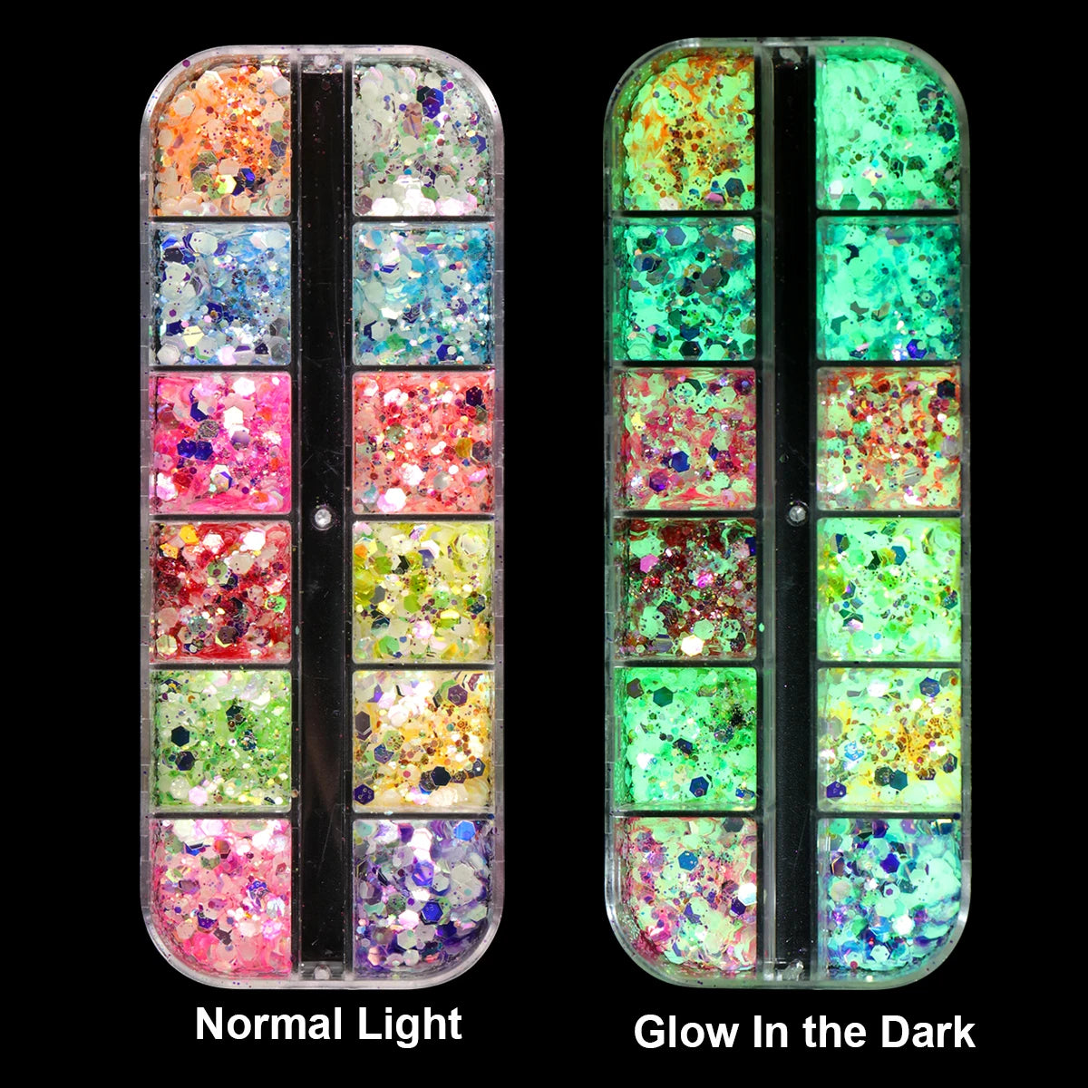 12 Grids Glowing in The Dark Glitter Shiny Holographic Sugar Nail Powder Luminous Effect Nail Art Chrome Pigment Flakes Dust