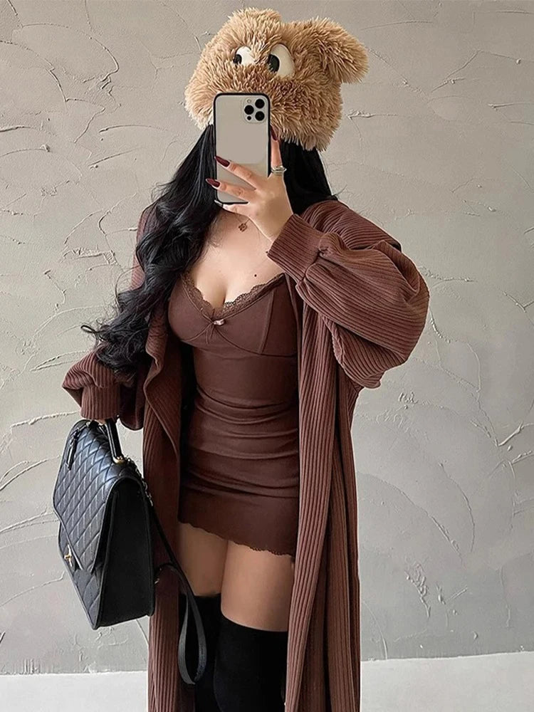 Women's Lace Suspender Slim Bodycon Mini Dress – Low V-Neck Hip Skirt with Breast Pads | S–XL (Apricot, Black, Gray, Brown)