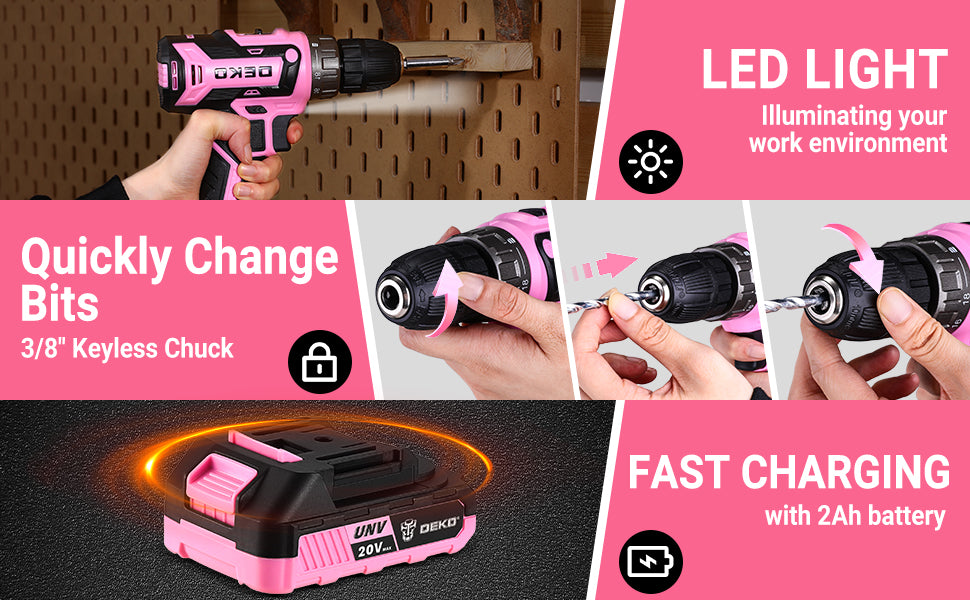 DEKO Pink Drill Tool Kit Set: 20V Cordless Power Drill Tool Box with Battery Electric Drill Driver