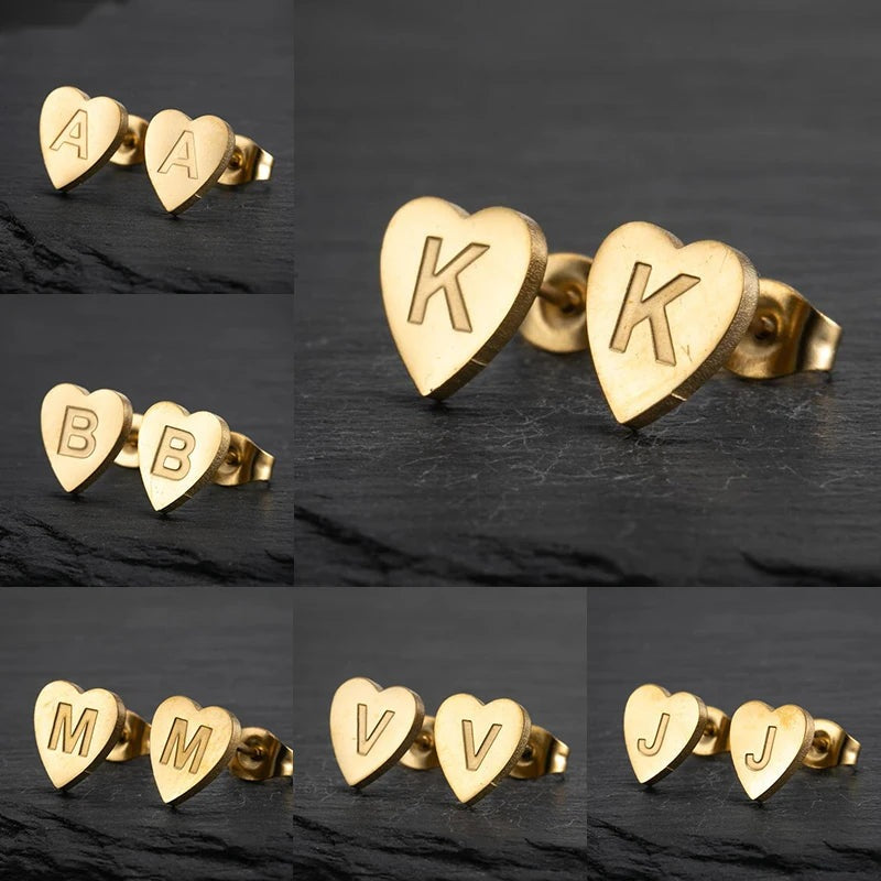 Personalized Stainless Steel Initial Earrings - A-Z Heart Stud Women