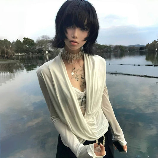 Women's Japanese Y2K Cross Print V-Neck T-Shirt - Long Sleeve White Vintage Top