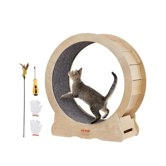 Wooden Cat Exercise Wheel - Silent Running Treadmill Toy with Detachable Carpet