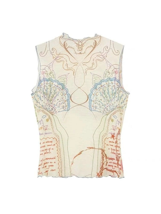Women's Y2K Mesh Print Tank Top Sleeveless Crop Camisole