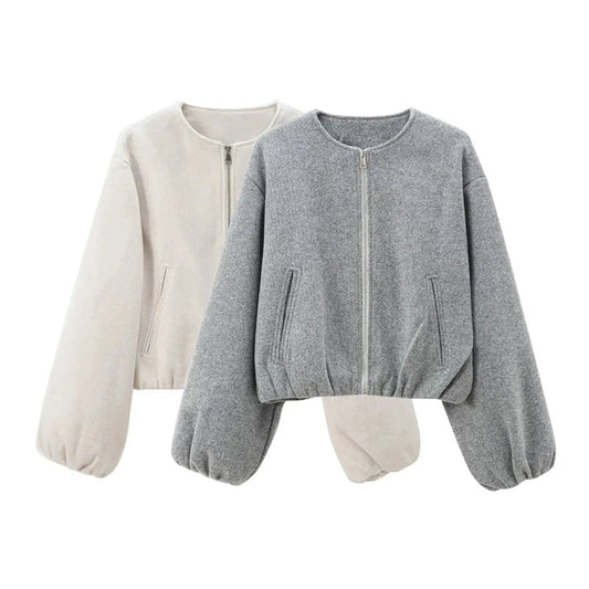 Women's Short Fleece Bomber Jacket Zip-Up Sporty Coat