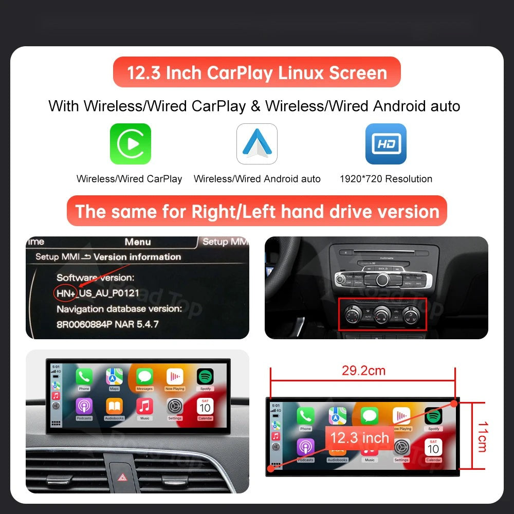 12.3" Wireless CarPlay Android Auto Screen for A1/Q3 2012-2018