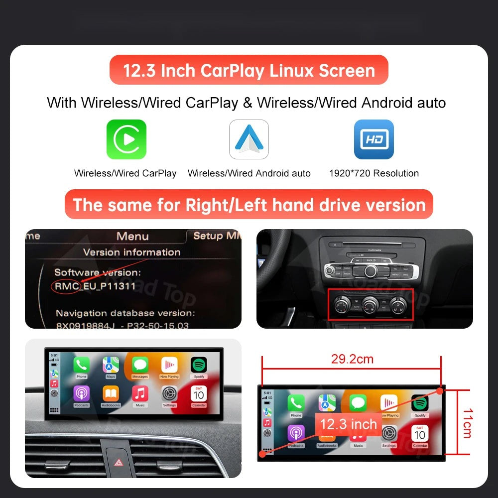 12.3" Wireless CarPlay Android Auto Screen for A1/Q3 2012-2018