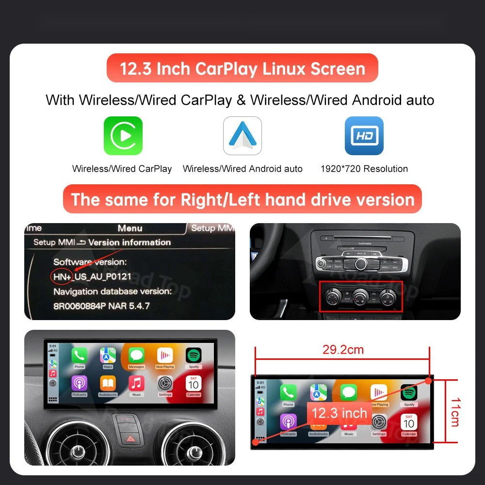 12.3" Wireless CarPlay Android Auto Screen for A1/Q3 2012-2018