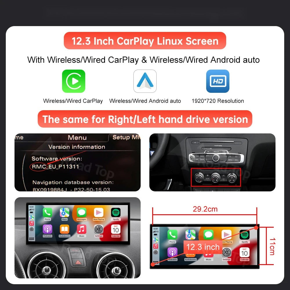 12.3" Wireless CarPlay Android Auto Screen for A1/Q3 2012-2018