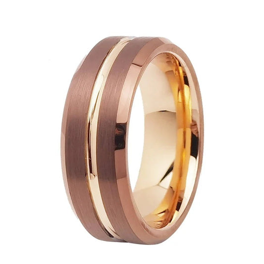 Tungsten Wedding Band — 6mm/8mm Rose Gold Tone Grooved Ring