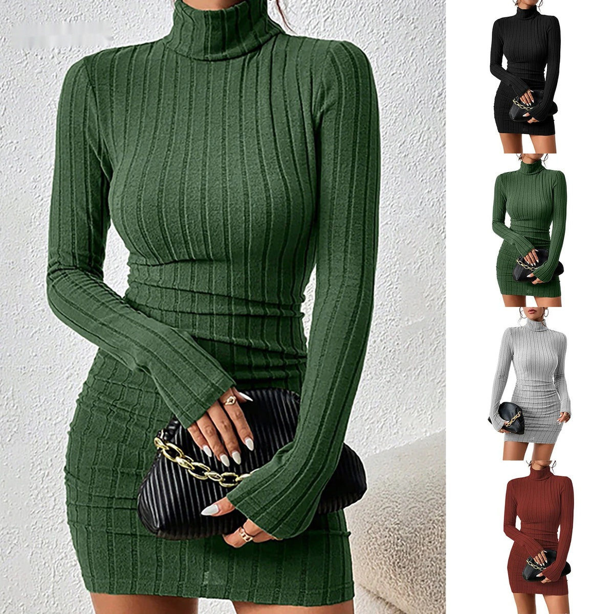 Women's Turtleneck Knit Bodycon Mini Dress - Long Sleeve Autumn Winter Dress