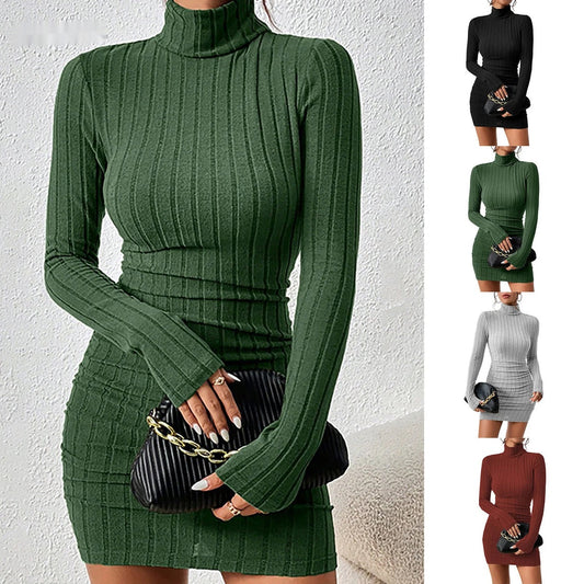 Women's Turtleneck Knit Bodycon Mini Dress - Long Sleeve Autumn Winter Dress