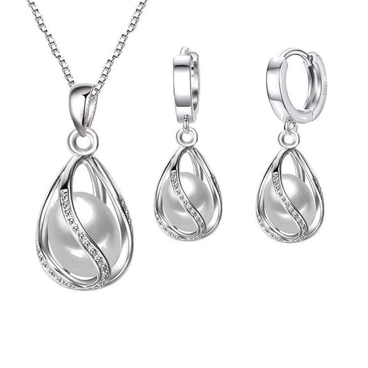 Pearl-Style Pendant Necklace & Huggie Earrings Gift Jewelry Set for Women
