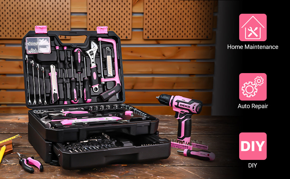 DEKO Home Mechanic Toolbox with 12V Power Cordless Drill Hand Repair Tools Sets Combo Kits Storage Organizer Drawer Case
