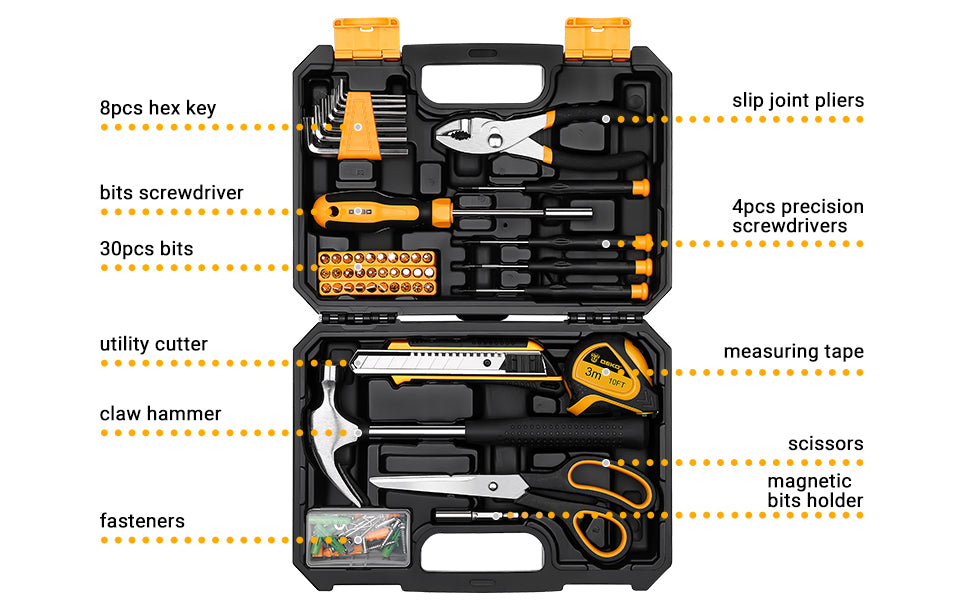 DEKO General Household Hand Tool Kit with Plastic Toolbox Storage Case, All Purpose Home Tool, 50 Piece