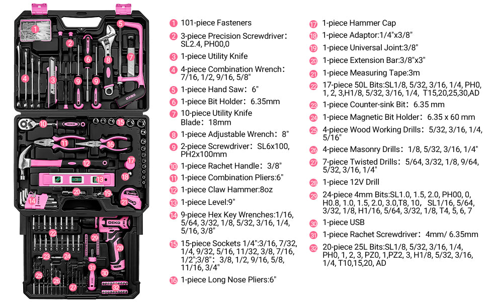 DEKO Home Mechanic Toolbox with 12V Power Cordless Drill Hand Repair Tools Sets Combo Kits Storage Organizer Drawer Case